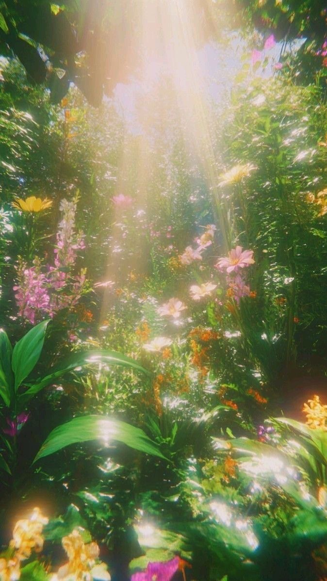 A sunbeam falling through a lush garden of colorful flowers